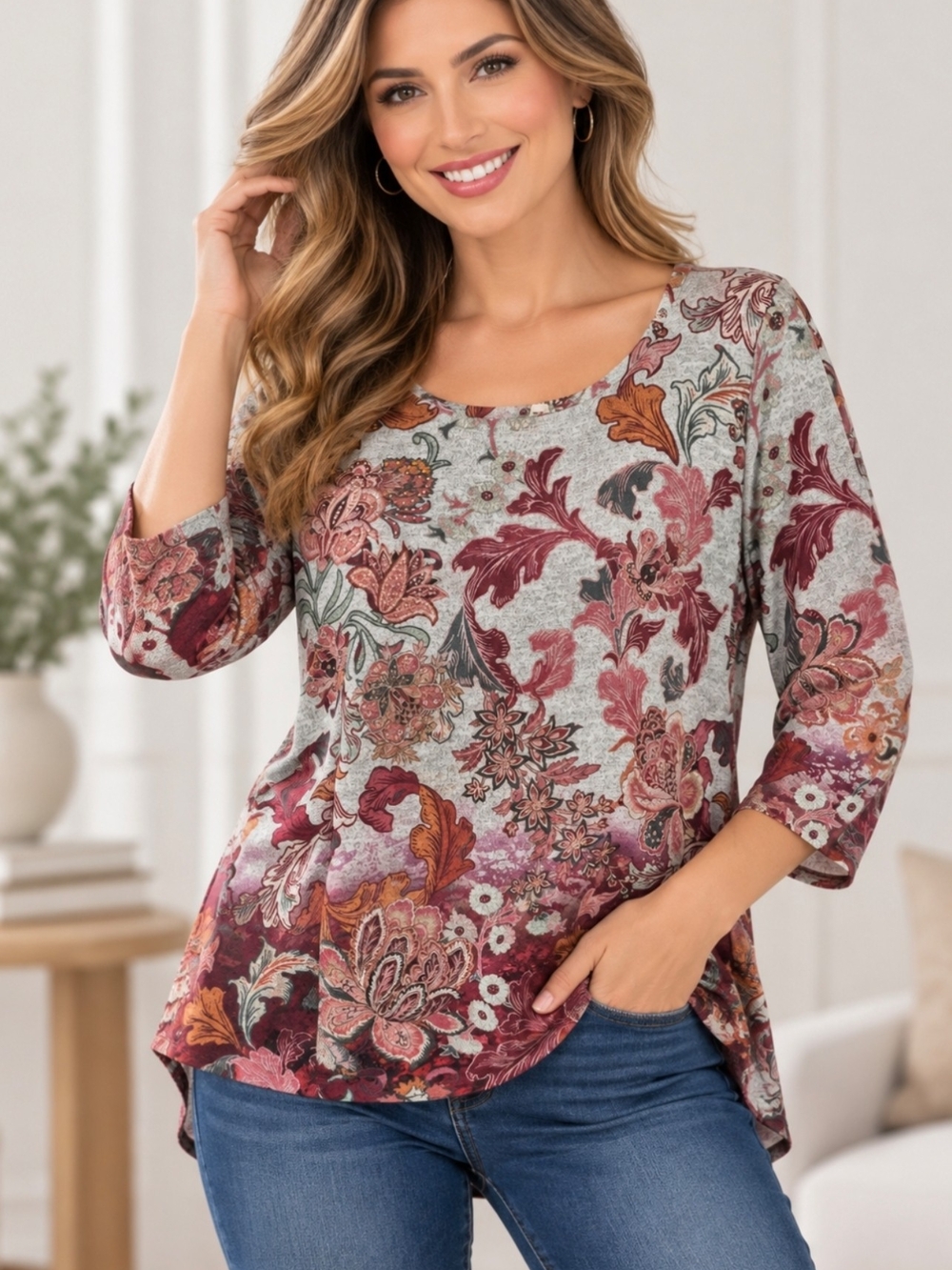 Title: Style & Co. Women’s Medium Floral Print Long Sleeve Top Gray Burgundy Pai